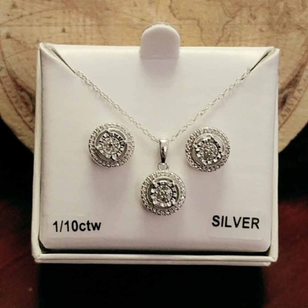 Sterling Silver Diamond Necklace & Earring Set - Picture 3 of 3